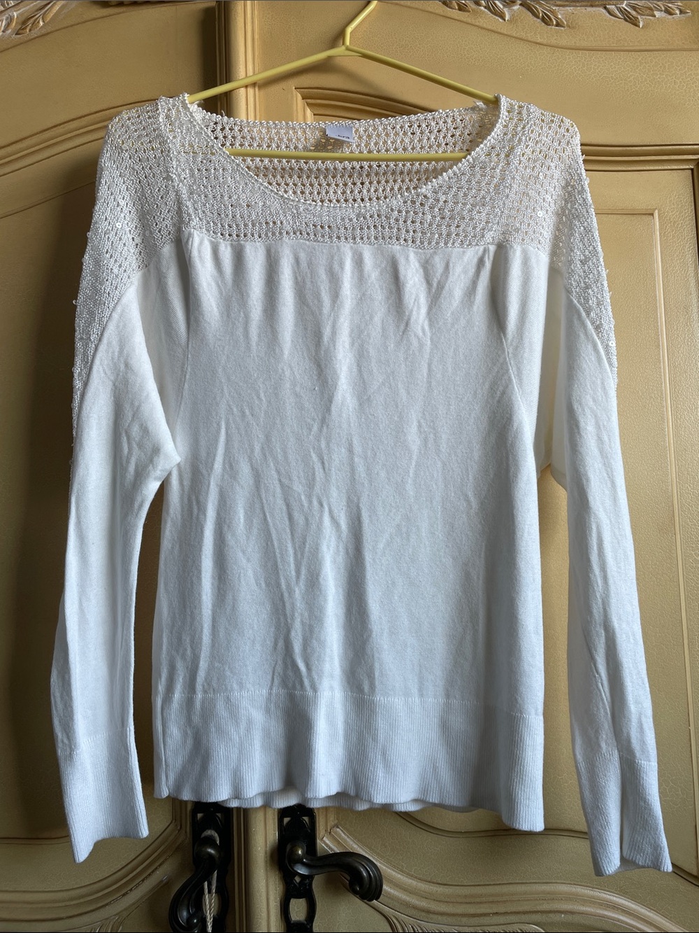 Women's Cream Crochet-Yoke Scoop Neck Sweater